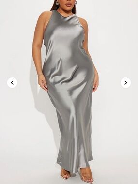 Fashion Nova Silver Satin Halter Maxi Dress
